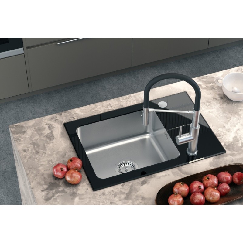 Bateria kuchenna ANDY – stalowa, stal szlachetna/czarny wąż, obrotowa, ruchoma wylewka, z prysznicem, Quadron