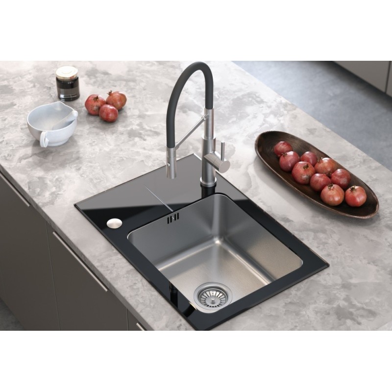 Bateria kuchenna ANDY – stalowa, stal szlachetna/czarny wąż, obrotowa, ruchoma wylewka, z prysznicem, Quadron