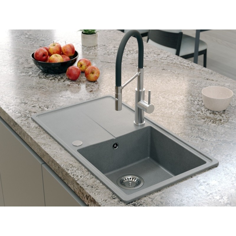 Bateria kuchenna ANDY – stalowa, stal szlachetna/czarny wąż, obrotowa, ruchoma wylewka, z prysznicem, Quadron