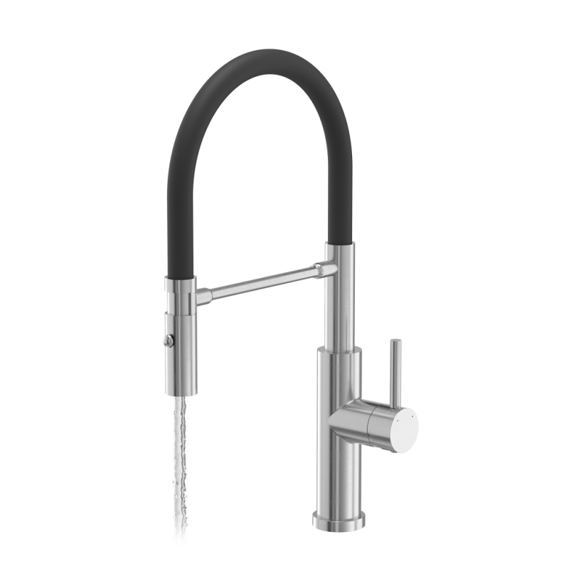 Bateria kuchenna ANDY – stalowa, stal szlachetna/czarny wąż, obrotowa, ruchoma wylewka, z prysznicem, Quadron