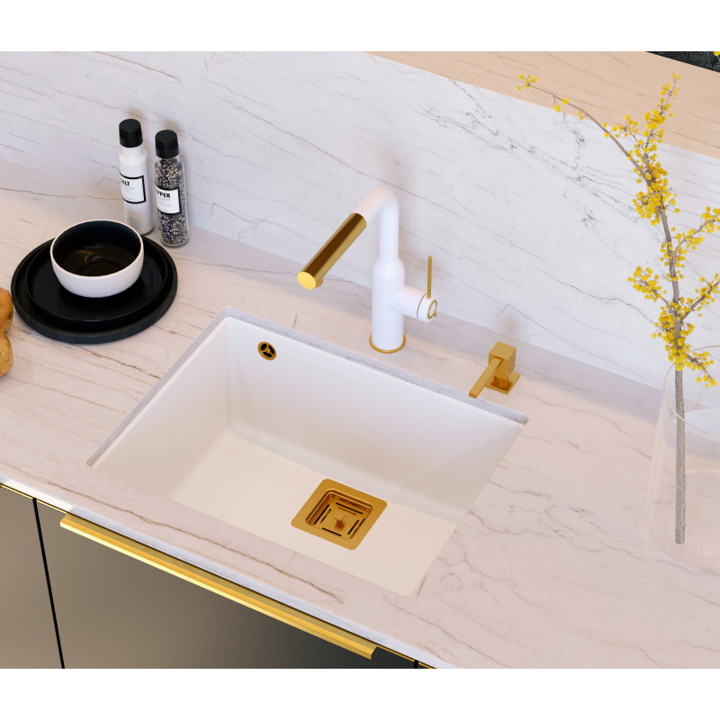 Bateria kuchenna ANGELINA – stalowa, snow white/złoty nano PVD, obrotowa, wyciągana wylewka, Quadron