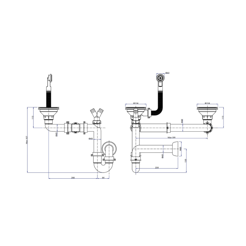 Odpływ zatyczkowy 3 1/2" z syfonem 2-komorowy stal szlachetna (GRANIT-pionowy), save space (12G14GR6-P2A-BS)