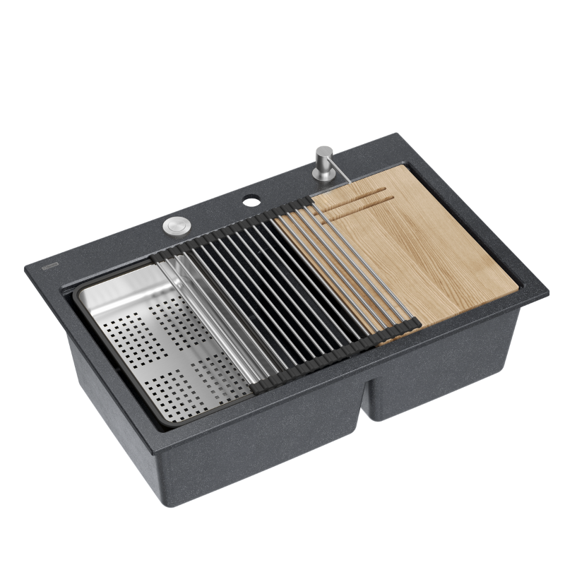 Zlewozmywak granitowy MARC 120 WORKSTATION – dwukomorowy, wpuszczany, black diamond/elementy stalowe + AKCESORIA, Quadron
