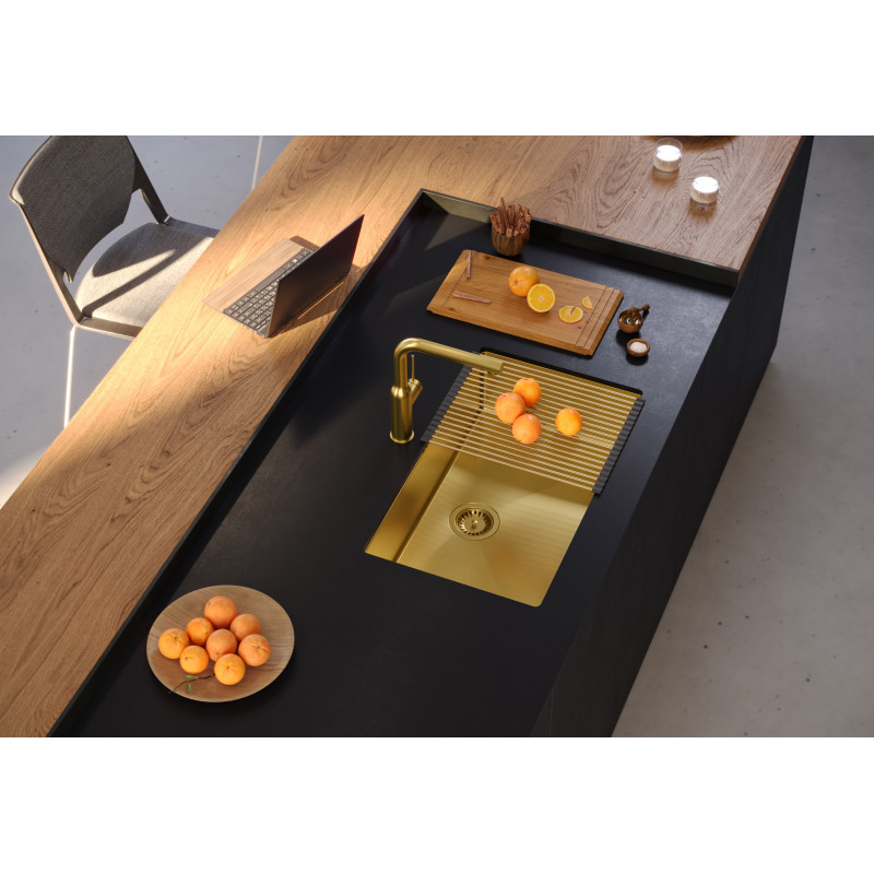 Zlewozmywak stalowy ANTHONY 80 – jednokomorowy, podwieszany/wpuszczany/na równi z blatem, stal złota/elementy złote, Quadron