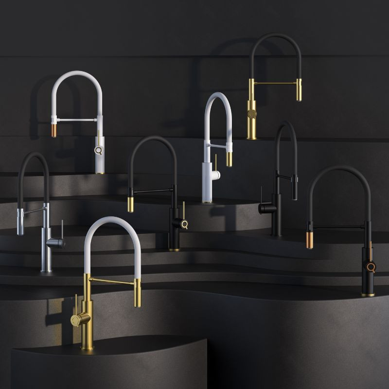 GEMMA Q LINE SteelQ bateria kuchenna z ruchomą wylewką Nano PVD gold (złota), czarny wąż