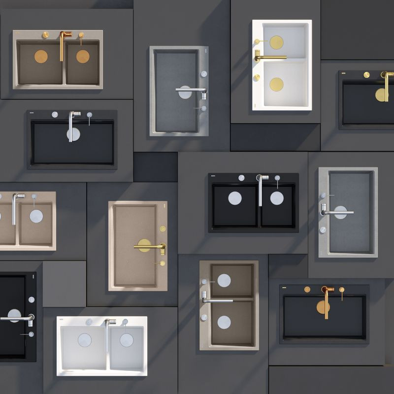 Zlewozmywak granitowy MARC 110 FM WORKSTATION – jednokomorowy, na równi z blatem, black diamond/elementy miedziane + AKCESORIA, Quadron