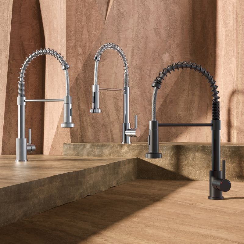 Bateria kuchenna SALMA – stalowa, stal szlachetna, obrotowa, ruchoma wylewka, z prysznicem, Quadron