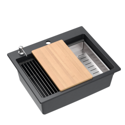 Zlewozmywak granitowy KURT 110 WORKSTATION – jednokomorowy, wpuszczany, black dotted/elementy stalowe + AKCESORIA, Quadron