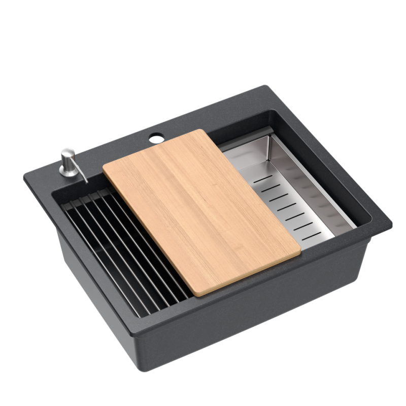 Zlewozmywak granitowy KURT 110 WORKSTATION – jednokomorowy, wpuszczany, black dotted/elementy stalowe + AKCESORIA, Quadron