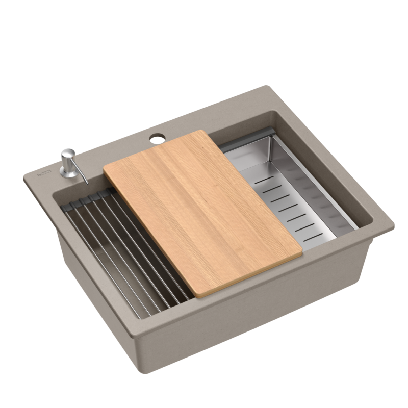 Zlewozmywak granitowy KURT 110 WORKSTATION – jednokomorowy, wpuszczany, soft taupe/elementy stalowe + AKCESORIA, Quadron