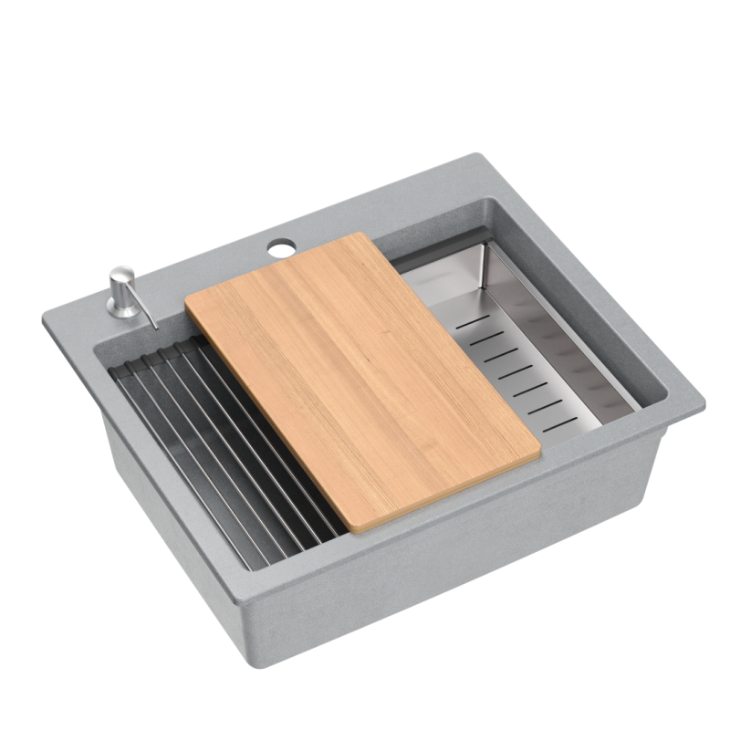 Zlewozmywak granitowy KURT 110 WORKSTATION – jednokomorowy, wpuszczany, silver stone/elementy stalowe + AKCESORIA, Quadron