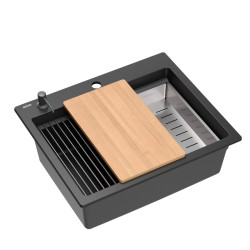 Zlewozmywak granitowy KURT 110 WORKSTATION – jednokomorowy, wpuszczany, pure carbon/elementy czarne + AKCESORIA, Quadron