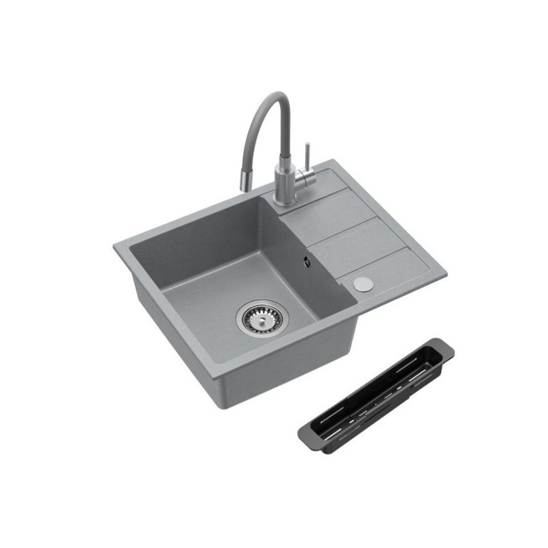 MIKE 116 zlewozmywak granitowy szary 1-komorowy z/o (56x44x17,5) + bateria z elastyczną wylewką + syfon + zaślepka+ wkładka czar