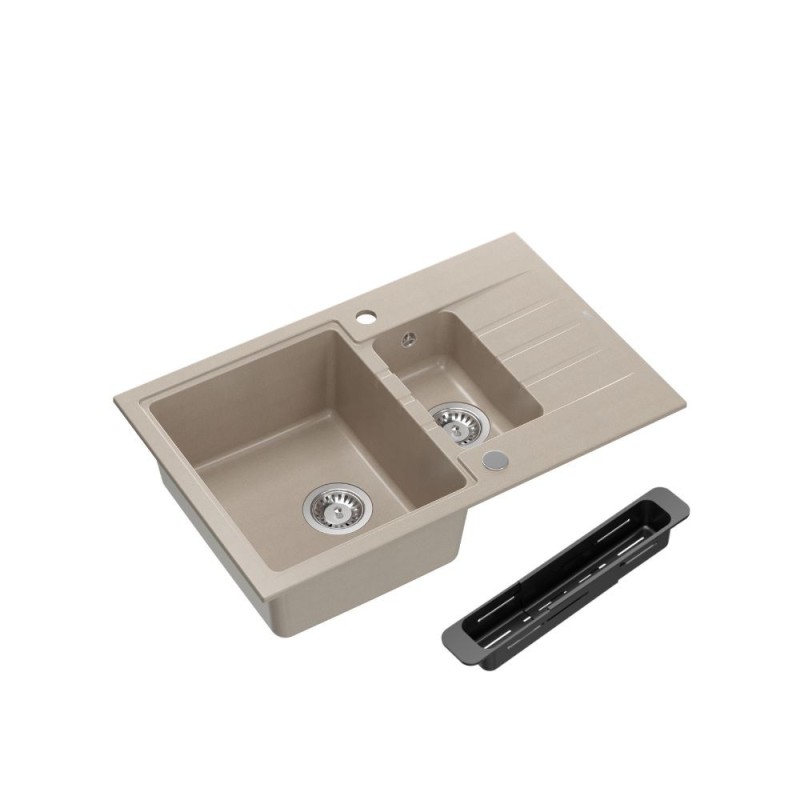 PETER 156 GraniteQ zlewozmywak granitowy pearl beige 1,5-komorowy z/o (78x50x20) z syfonem i zaślepką + wkładka