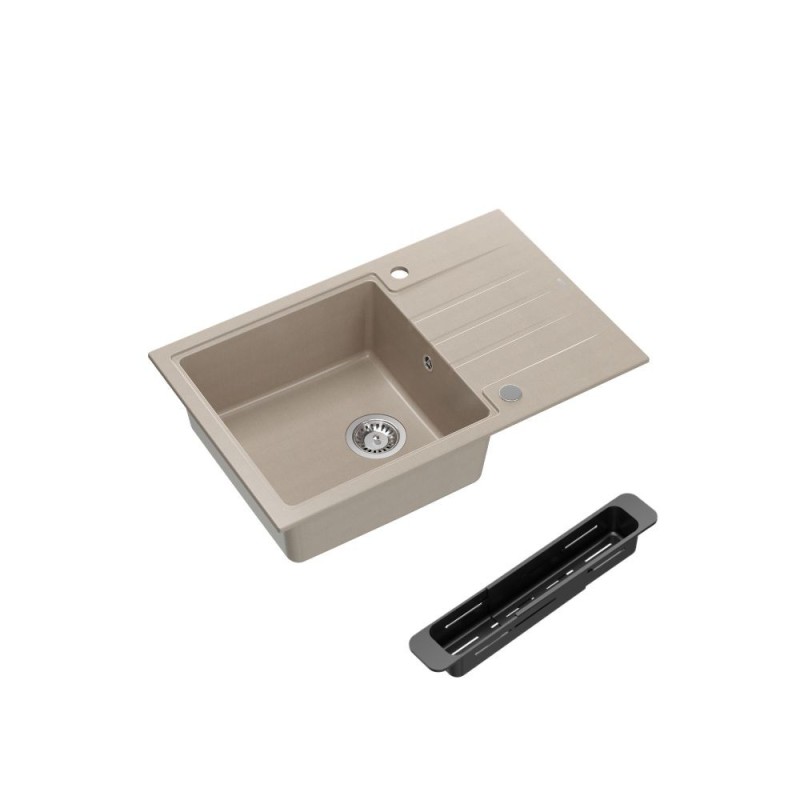 PETER 111 GraniteQ zlewozmywak granitowy pearl beige (beżowy) 1-komorowy z/o (78x50x20) z syfonem i zaślepką + wkładka czarna re