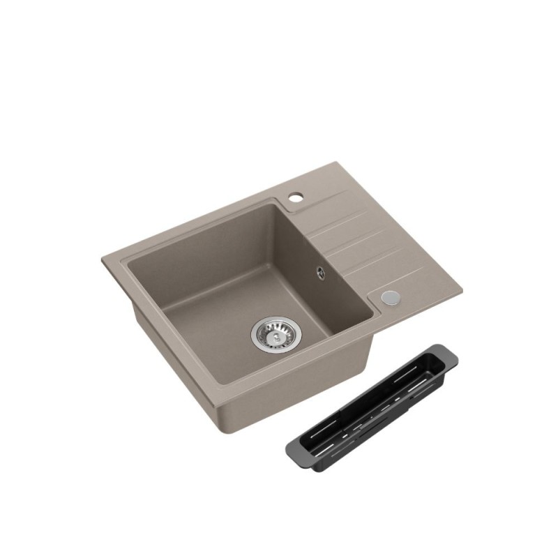 PETER 116 GraniteQ zlewozmywak granitowy soft taupe 1-komorowy z/o (62x50x20) z syfonem i zaślepką + czarna wkładka regulowana