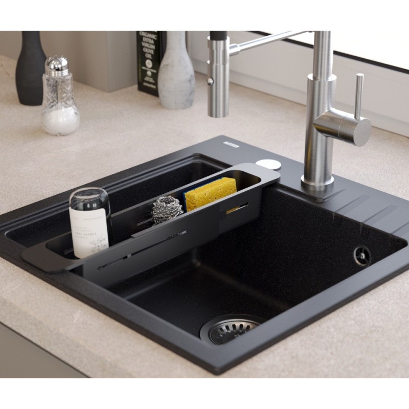 PETER 116 GraniteQ zlewozmywak granitowy soft taupe 1-komorowy z/o (62x50x20) z syfonem i zaślepką + czarna wkładka regulowana