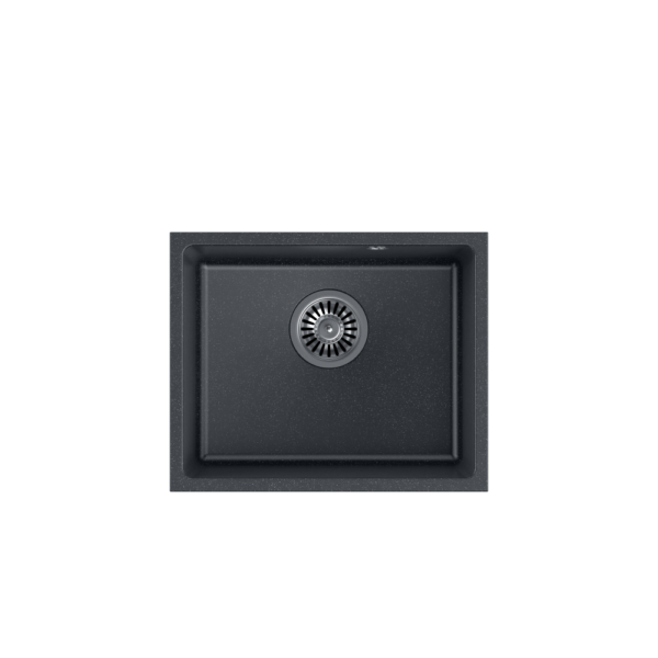 ALEC 40 GraniteQ schwarz gepunktetes Spülbecken 46×37,5×20,5 cm 1 Becken mit hängendem Becken, runder Abfluss + manueller Siphon aus gebürstetem Stahl + Riegel
