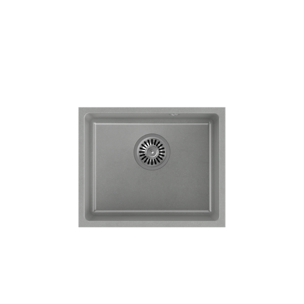 ALEC 40 GraniteQ silver stone sink 46×37.5×20.5 cm 1-bowl b/o suspended bowl round drain + manual siphon brushed steel + catches