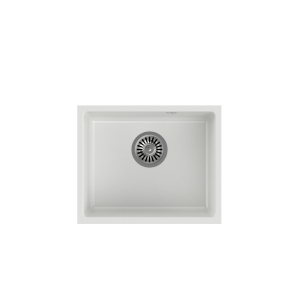 ALEC 40 GraniteQ lavello bianco neve 46×37,5×20,5 cm 1 vasca b/o vasca sospesa piletta tonda + sifone manuale acciaio satinato + fermi