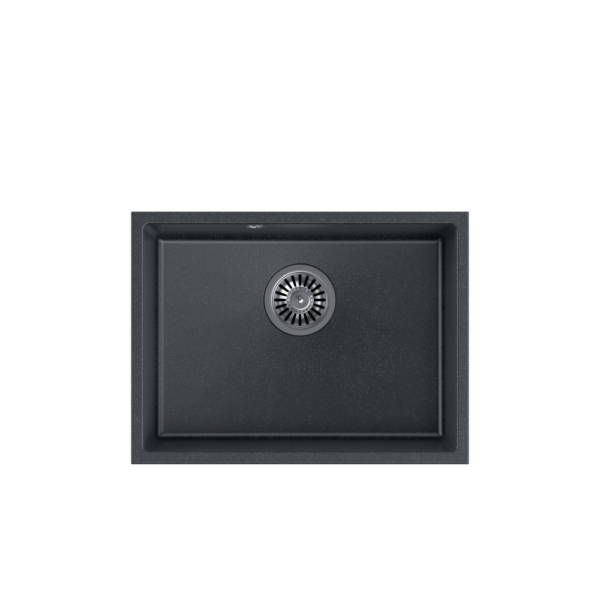 ALEC 50 GraniteQ schwarz gepunktetes Spülbecken 53,5 x 40 x 20,5 cm, 1 Becken mit hängendem Becken, runder Abfluss + manueller Siphon aus gebürstetem Stahl + Riegel