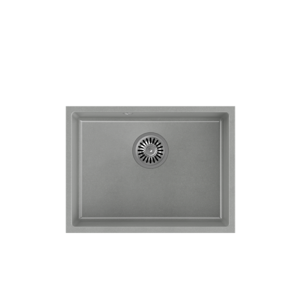 ALEC 50 GraniteQ Silbersteinspüle 53,5 x 40 x 20,5 cm, 1 Becken mit hängendem Becken, runder Abfluss + manueller Siphon aus gebürstetem Stahl + Riegel