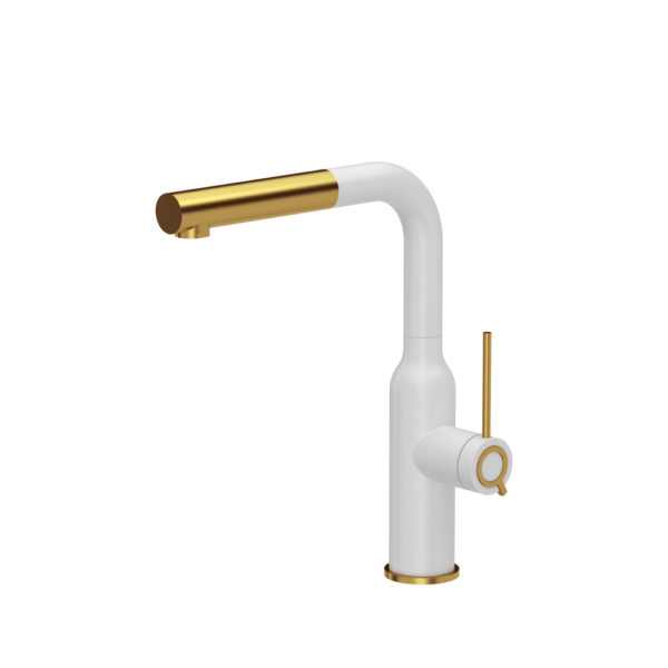 ANGELINA Q Line Pull out SteelQ steel kitchen mixer with pull-out spout snow white – white matt / Nano PVD gold