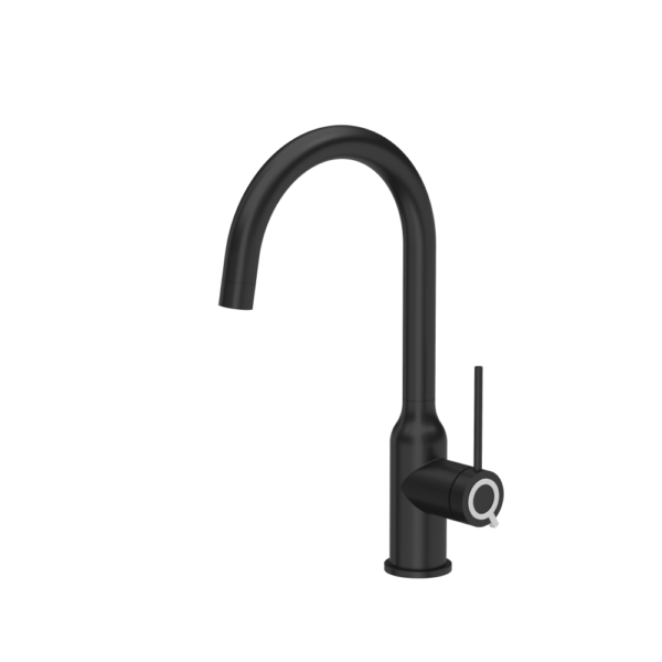 INGRID Q LINE SteelQ pure carbon steel kitchen faucet, Q Shine – snow white logo