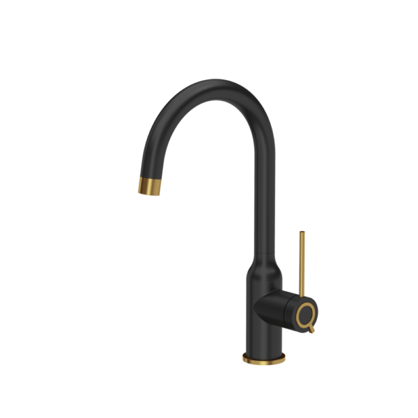INGRID Q LINE SteelQ pure carbon steel kitchen faucet – black matt / Nano PVD gold