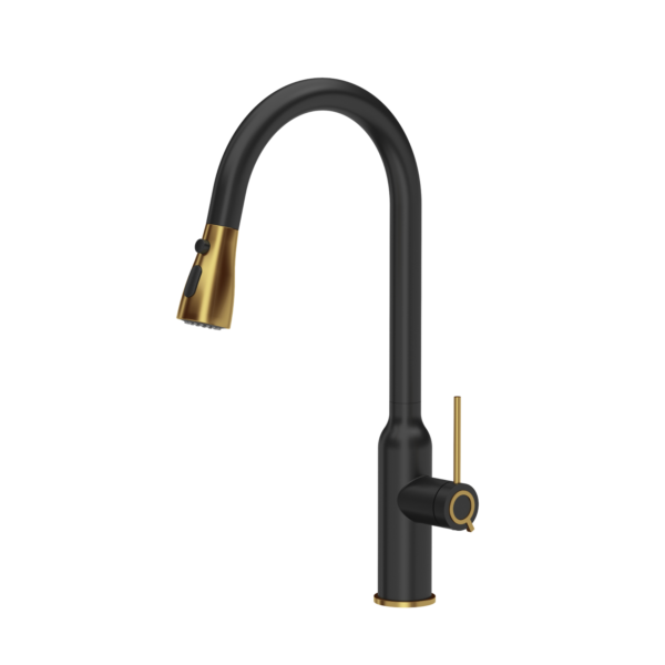 JESSICA Q Line Pull out shower SteelQ steel kitchen mixer with pull-out spout and pure carbon shower function – matt black / Nano PVD gold