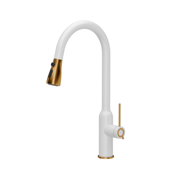 JESSICA Q Line Pull out shower SteelQ steel kitchen mixer with pull-out spout and shower function snow white – white matt / Nano PVD copper