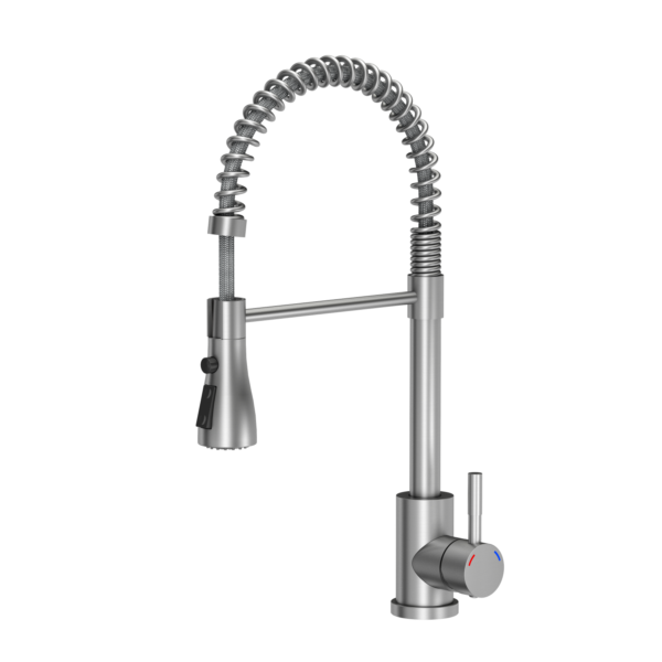 SALMA SteelQ robinet de cuisine en acier ressort en acier brossé avec fonction douche et arrêt temporisé du débit d’eau