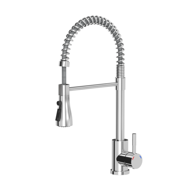 SALMA steel kitchen faucet chrome spring with shower function and temporary stop of the water stream