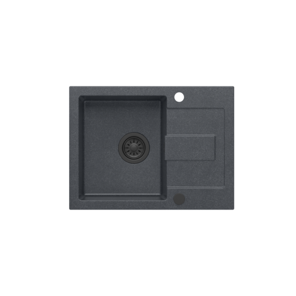 CHRISTIAN 116 1-Becken-Spüle aus schwarzem Granit (60 x 45 x 18,5) mit Stopfen und schwarzem Abfluss