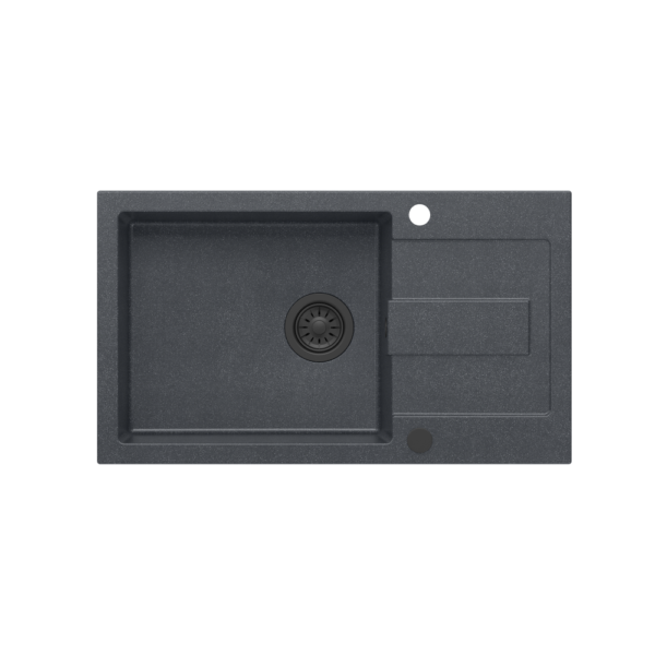 CHRISTIAN 136 XL 1-Becken-Waschbecken aus schwarzem Granit (78 x 45 x 18,5) mit Stopfen und schwarzem Abfluss (Becken 45 x 38 cm)