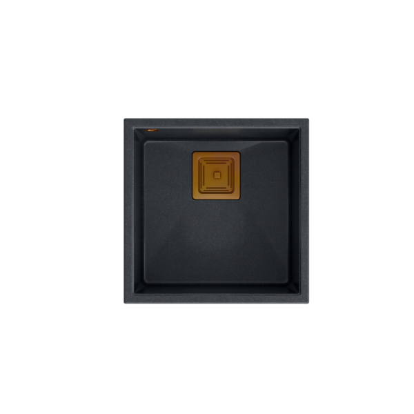 DAVID 40 GraniteQ zlewozmywak black diamond 42x42x22,5 cm 1-komorowy b/o komora podwieszana kwadratowy odpływ + syfon manualny miedź save space + zaczepy