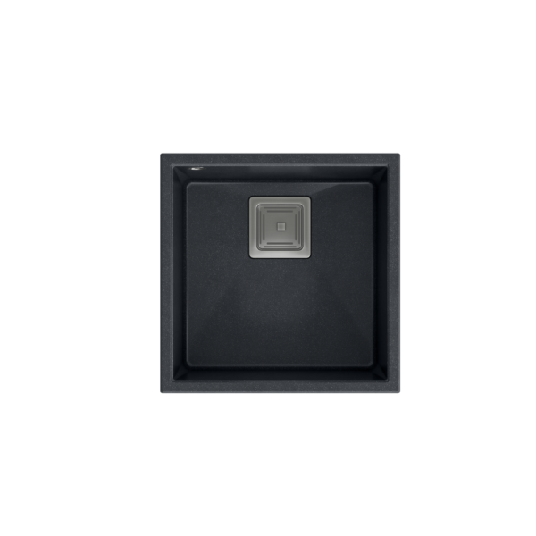 Chiuvetă DAVID 40 GraniteQ diamant negru 42x42x22,5 cm 1 vas fără vas sub montat scurgere pătrată + sifon manual oțel periat economisește spațiu + prinderi