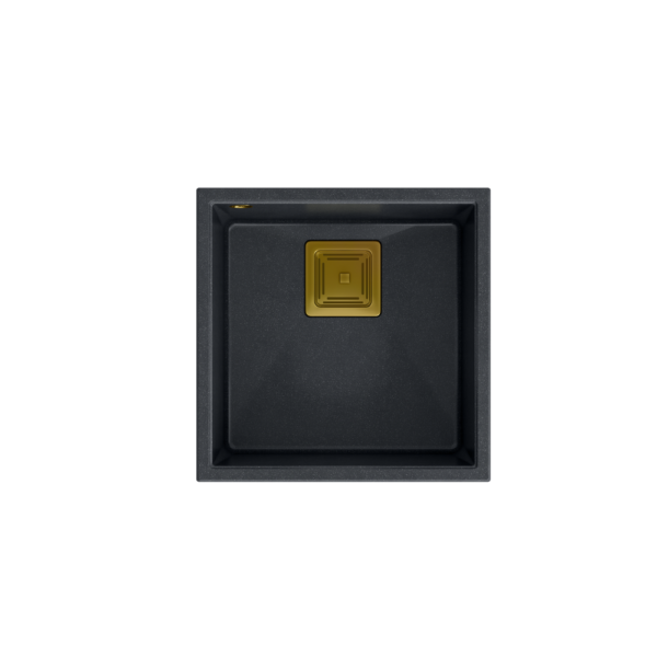 DAVID 40 GraniteQ zlewozmywak black diamond 42x42x22,5 cm 1-komorowy b/o komora podwieszana kwadratowy odpływ + syfon manualny złoty save space + zaczepy