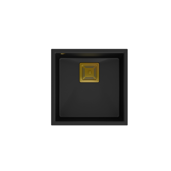 DAVID 40 Раковина GraniteQ из чистого углерода, 42x42x22,5 см, 1 чаша без чаши, встраиваемая под плиту, квадратный слив + ручной золотой сифон для экономии места + крючки