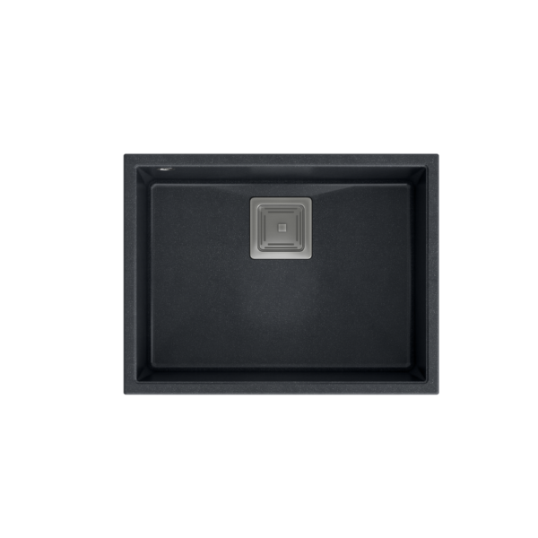 DAVID 50 GraniteQ Black Diamond Spüle 55x42x22,5 cm 1 Becken ohne Unterbaubecken, quadratischer Ablauf + manueller Siphon aus gebürstetem Stahl, platzsparend + Auffangbehälter