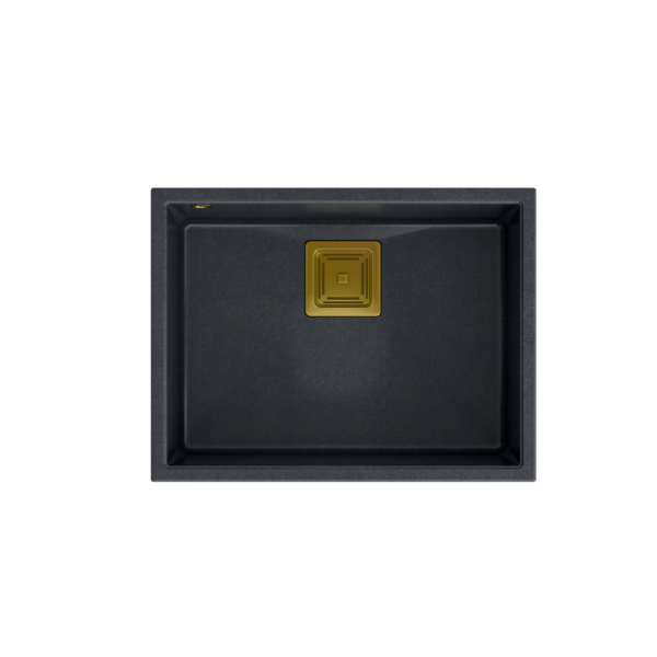 DAVID 50 GraniteQ Black Diamond Spüle 55x42x22,5 cm 1 Becken ohne Unterbaubecken, quadratischer Abfluss + manueller goldener Siphon, platzsparend + Auffangbehälter