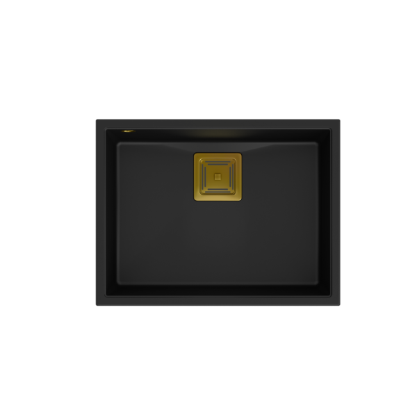 DAVID 50 Раковина GraniteQ из чистого углерода, 55x42x22,5 см, 1 чаша без чаши, встраиваемая под плиту, квадратный слив + ручной золотой сифон для экономии места + крючки