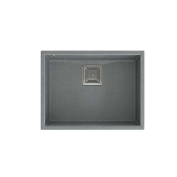 DAVID 50 GraniteQ Silbersteinspüle 55x42x22,5 cm 1 Becken ohne Unterbaubecken, quadratischer Abfluss + manueller Siphon aus gebürstetem Stahl, platzsparend + Auffangbehälter