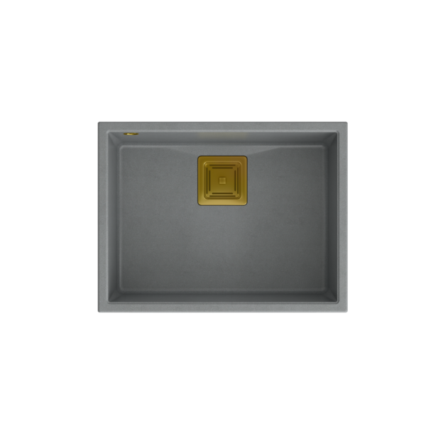 DAVID 50 GraniteQ Silbersteinspüle 55x42x22,5 cm 1 Becken ohne Unterbaubecken, quadratischer Abfluss + manueller goldener Siphon, platzsparend + Auffangbehälter