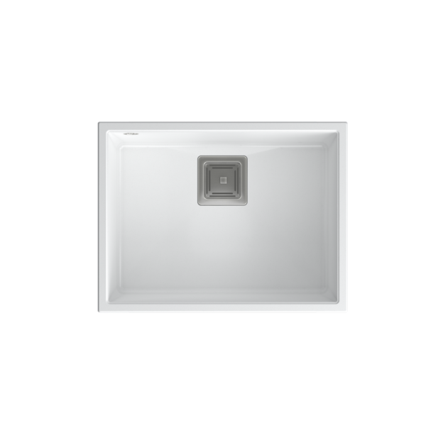 DAVID 50 GraniteQ lavello bianco neve 55x42x22,5 cm 1 vasca b/o vasca sottotop piletta quadra + sifone manuale salvaspazio acciaio satinato + chiusure