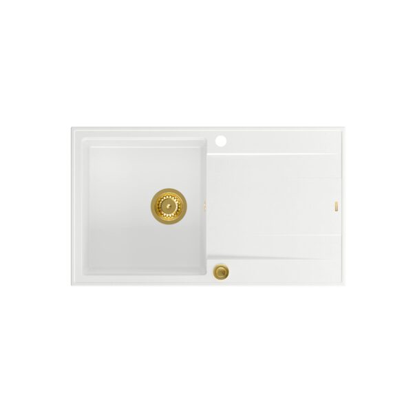 EVAN 111 GraniteQ lavello con sifone Push 2 Open 1 vasca s/c (860x500x210) bianco neve / elementi oro