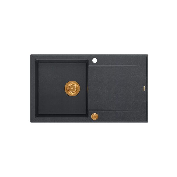 Lavello EVAN 111 GraniteQ con sifone Push 2 Open e piletta 1 vasca senza (860x500x210) elementi black diamond / copper