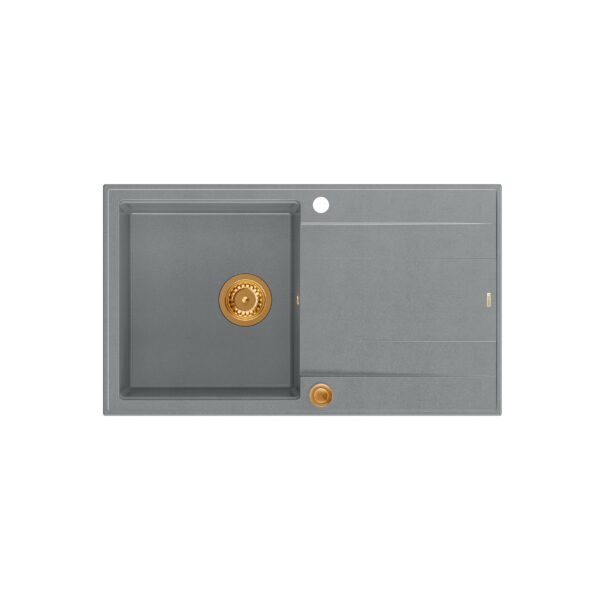 EVAN 111 Évier GraniteQ avec siphon Push 2 Open 1 bac sans (860x500x210) éléments en pierre argentée / cuivre
