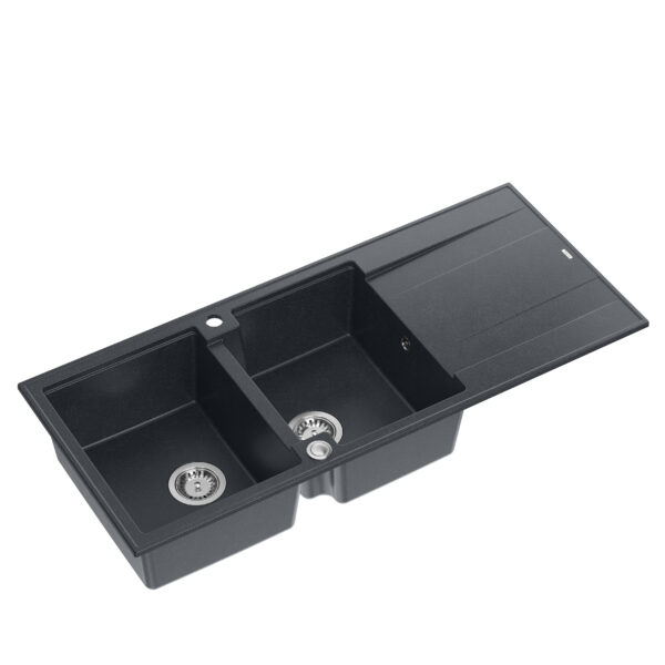 EVAN 121 GraniteQ sink with siphon Push To Open 2-bowl w/o (1160x500x210; cell. 420×340) black diamond / steel elements