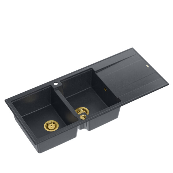 EVAN 121 GraniteQ sink with siphon Push To Open 2-bowl w/o (1160x500x210; cell. 420×340) black diamond / gold elements